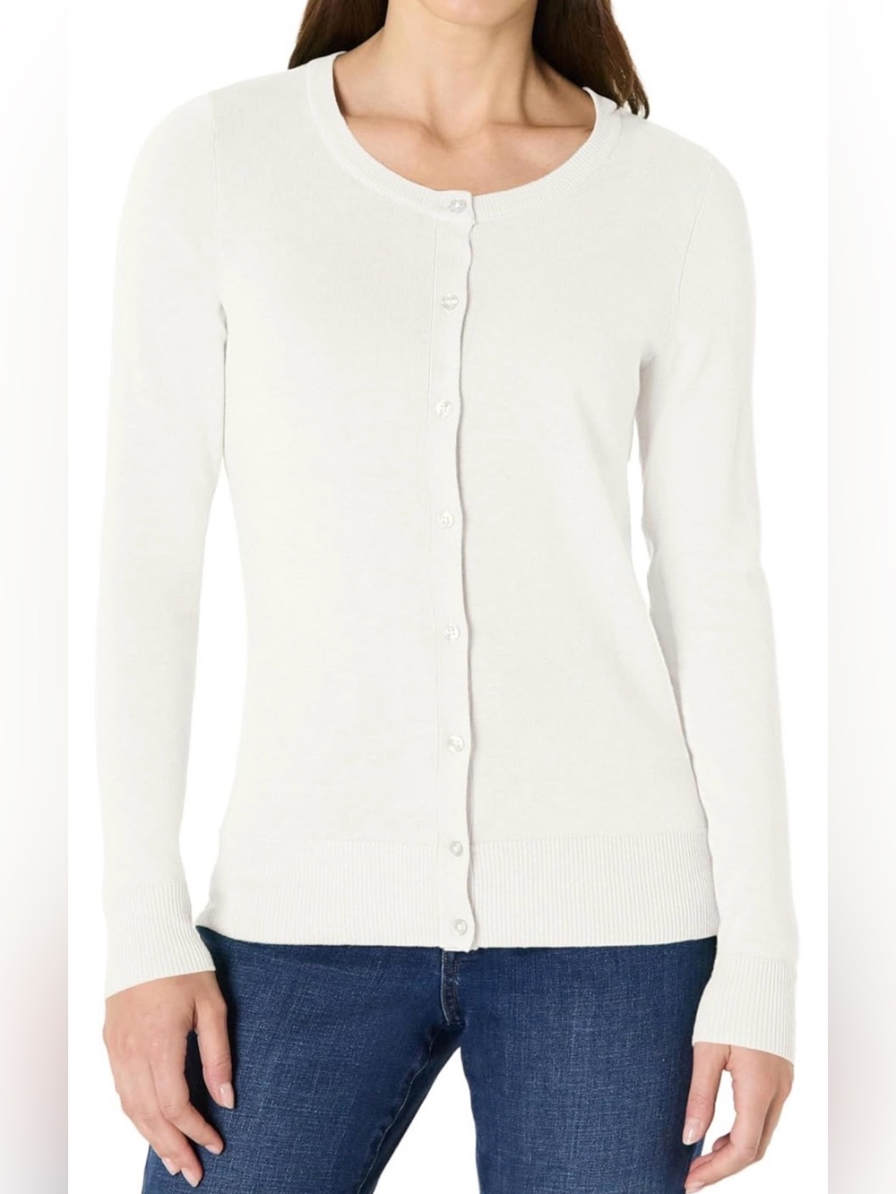 Amazon Essentials Women's White Crewneck Button-Front Cardigan